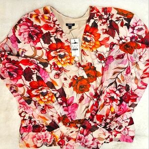 Express Floral V-Neck Long Sleeve Faux Wrap Pleated Waist Top